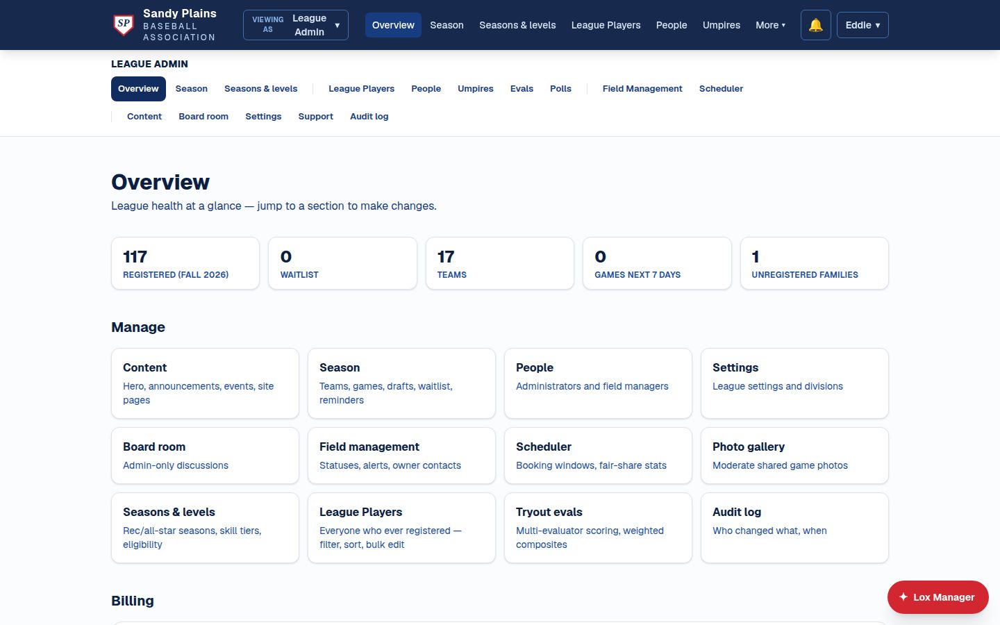 The league admin overview: registered players, waitlist, teams, and upcoming games at a glance, with management tiles below
