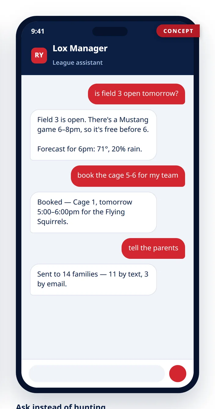Concept mockup of Lox Manager in the app: checking a field, booking a cage, and messaging parents by chat