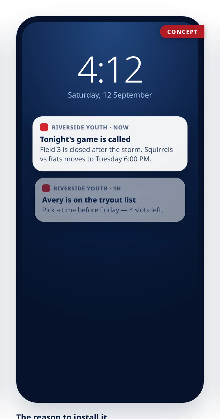 Concept mockup of lock-screen push notifications: a rainout reschedule and a tryout reminder