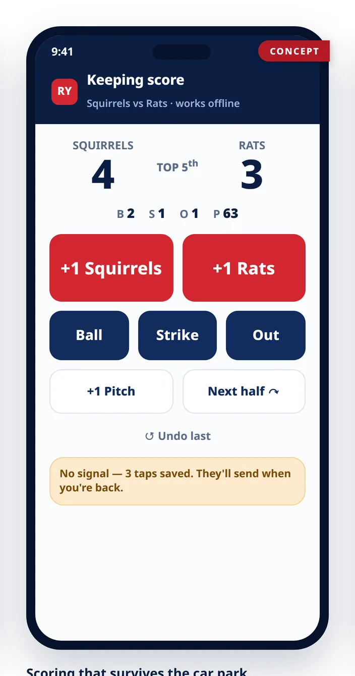 Concept mockup of the offline scorekeeper: big tap targets and a banner showing taps saved while there's no signal
