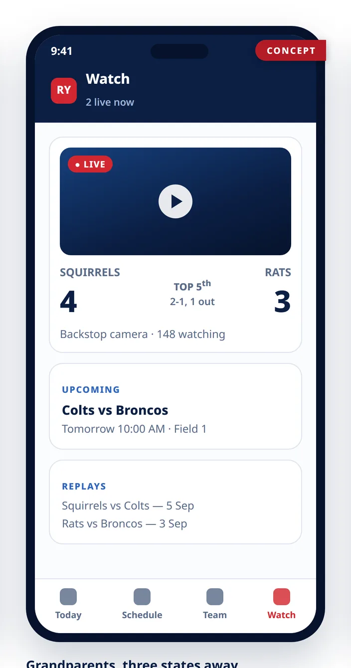 Concept mockup of the Watch tab: a live game with score beside the video, upcoming broadcasts, and replays