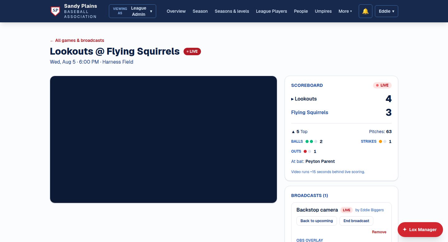 A live game page: video panel beside a live scoreboard showing the count, outs, and batter