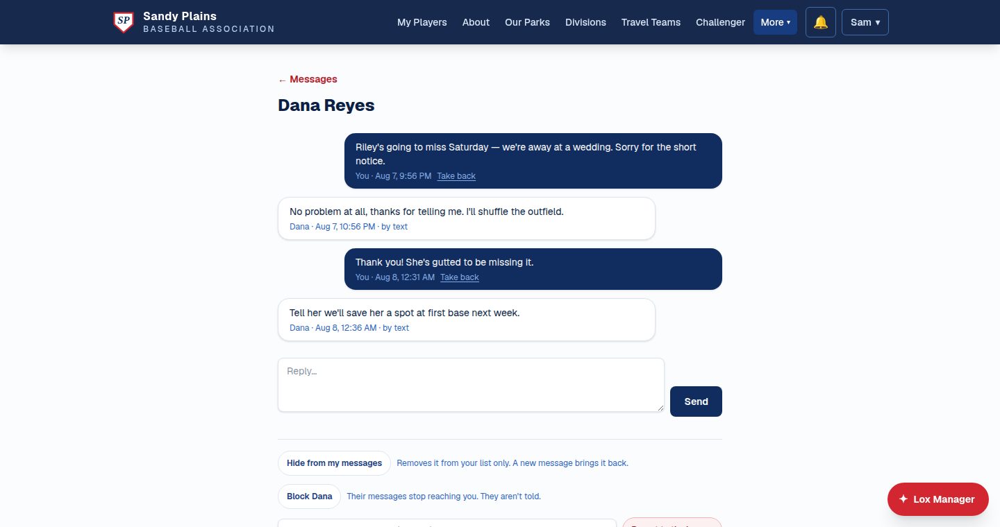 A direct message thread between a parent and their coach, the coach replying by text, both sides shown on the site with no phone numbers exchanged