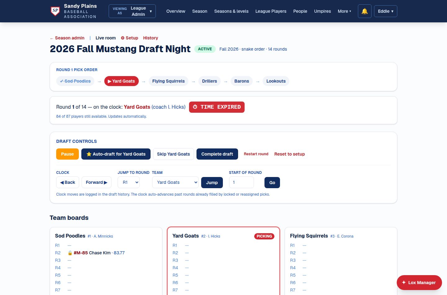 The live draft room: round-one pick order, the pick clock, draft controls, and every team's board