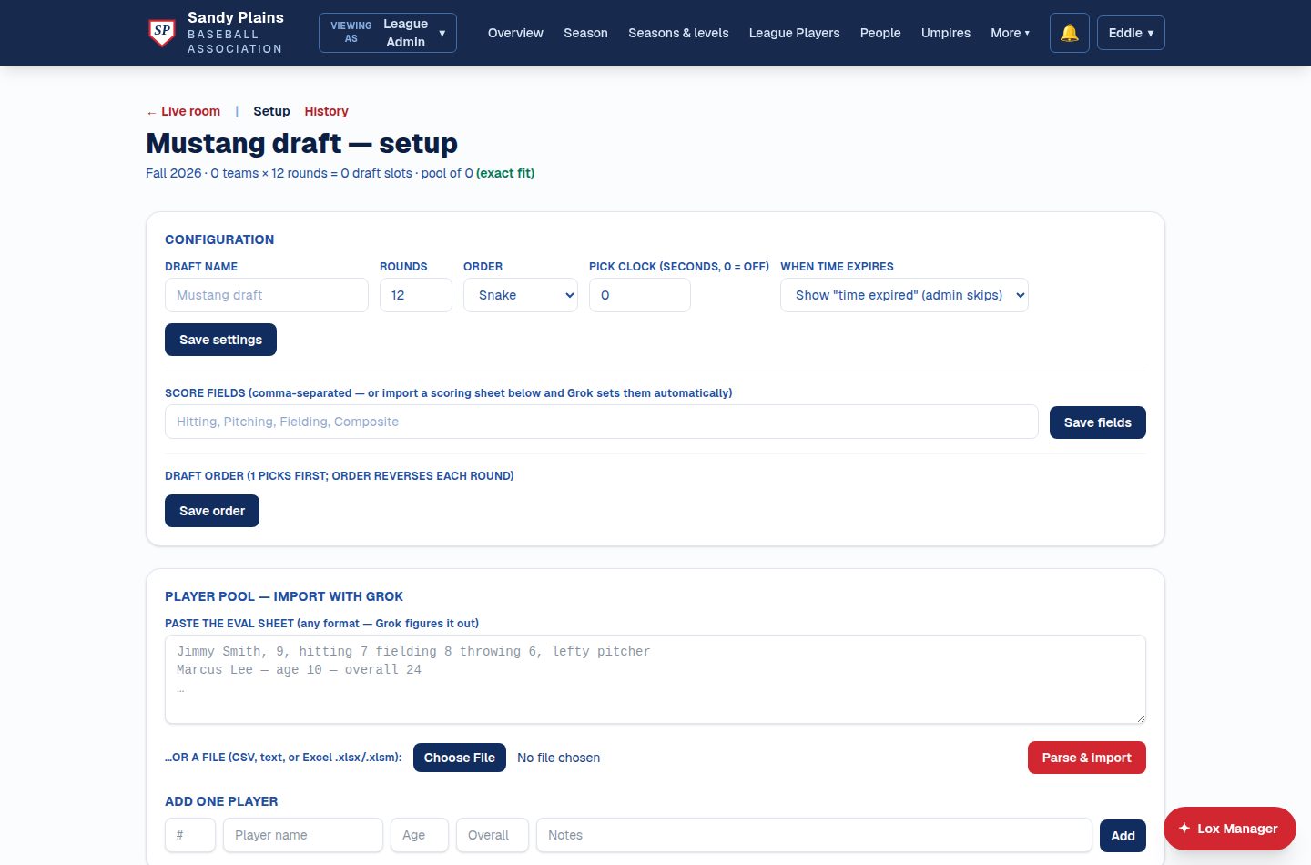 Draft setup: configuration fields and the player pool importer that accepts an eval sheet in any format