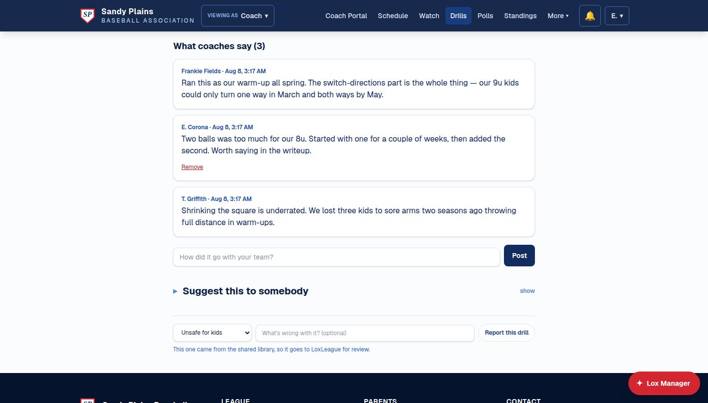 The ratings and comments under a drill: star ratings from coaches and comments describing how the drill went