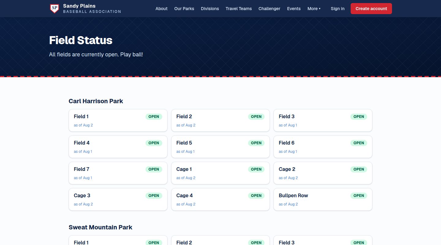 The public field status page: every field and cage with an open/closed badge and the date it was last updated