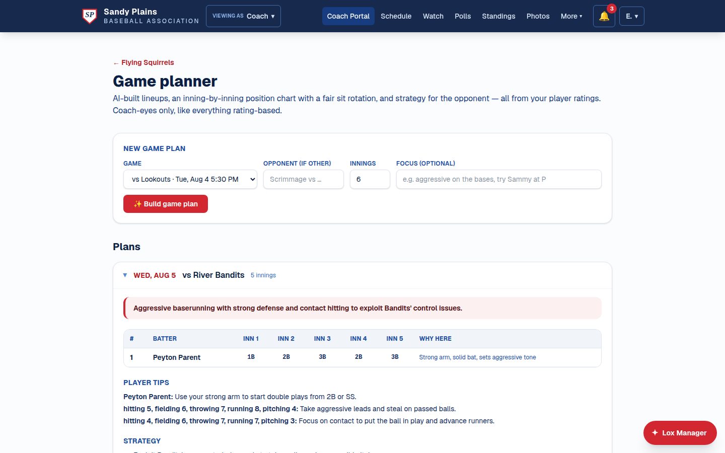 The game planner: AI-drafted lineups with an inning-by-inning position chart, player tips, and strategy for the opponent