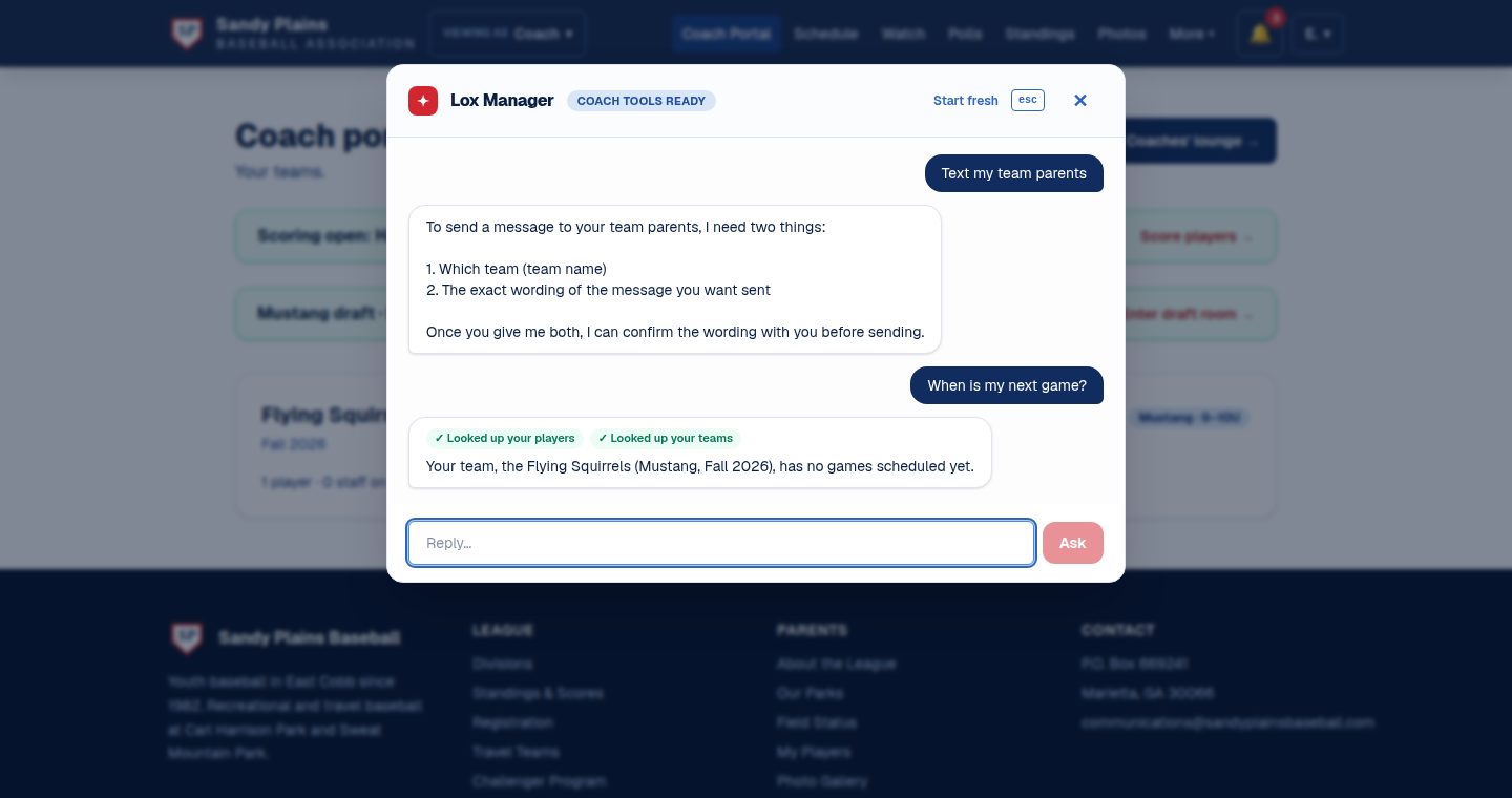 The Lox Manager panel in the coach portal, walking a coach through messaging their team's parents and answering a schedule question