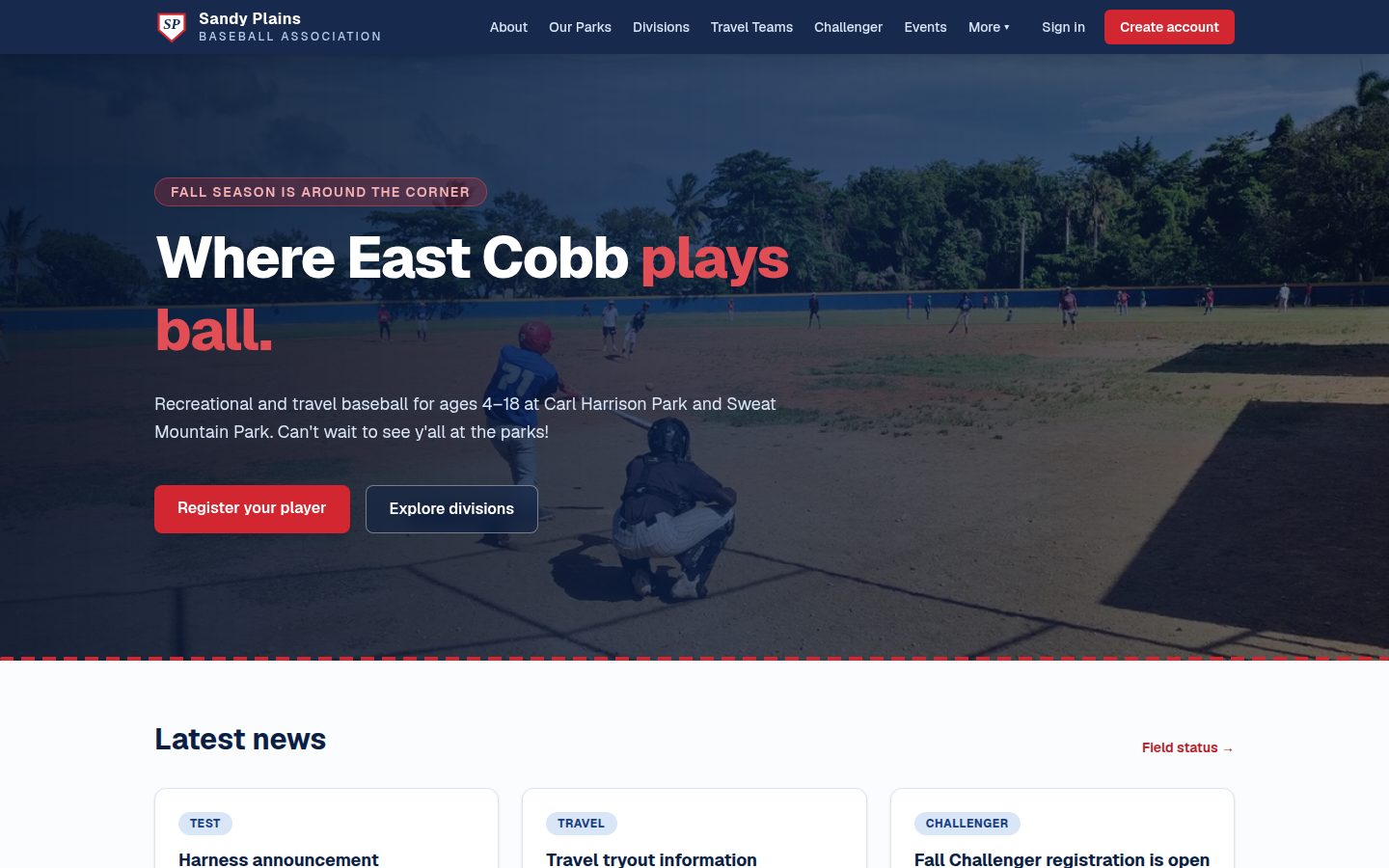A league homepage on the platform: full-bleed video hero, the league's own name and branding, and latest news cards