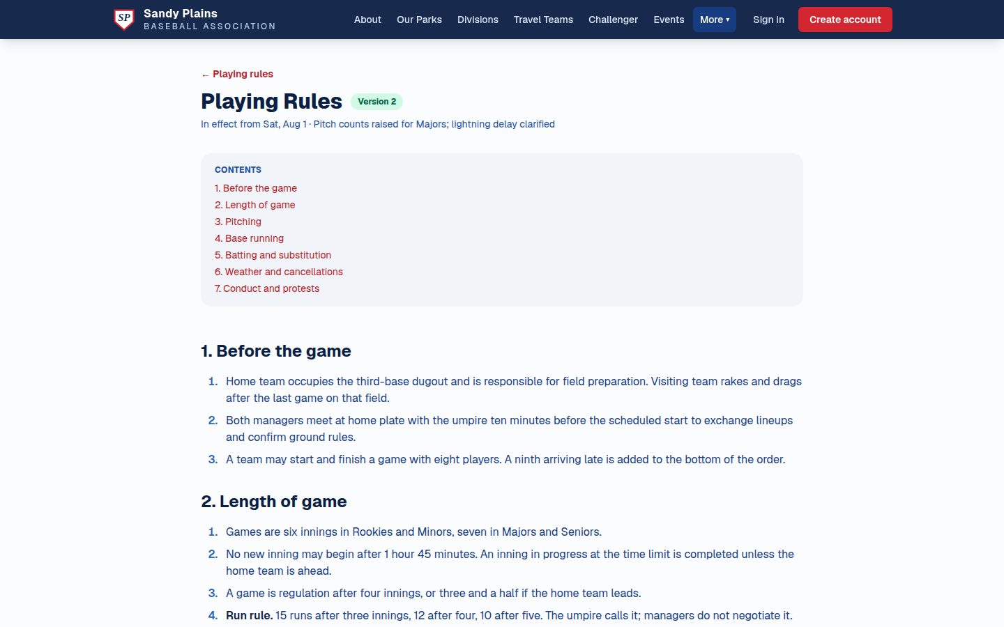 The public playing rules page: the rulebook with its version, effective date, and a summary of what changed at the top
