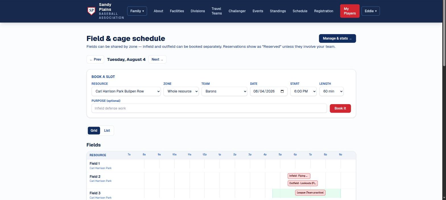 The field and cage schedule: booking a slot by resource and zone, with a day grid showing infield and outfield booked separately