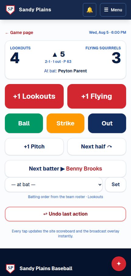 The phone scorekeeper: score, count, and outs at the top with big tap targets for ball, strike, out, and runs
