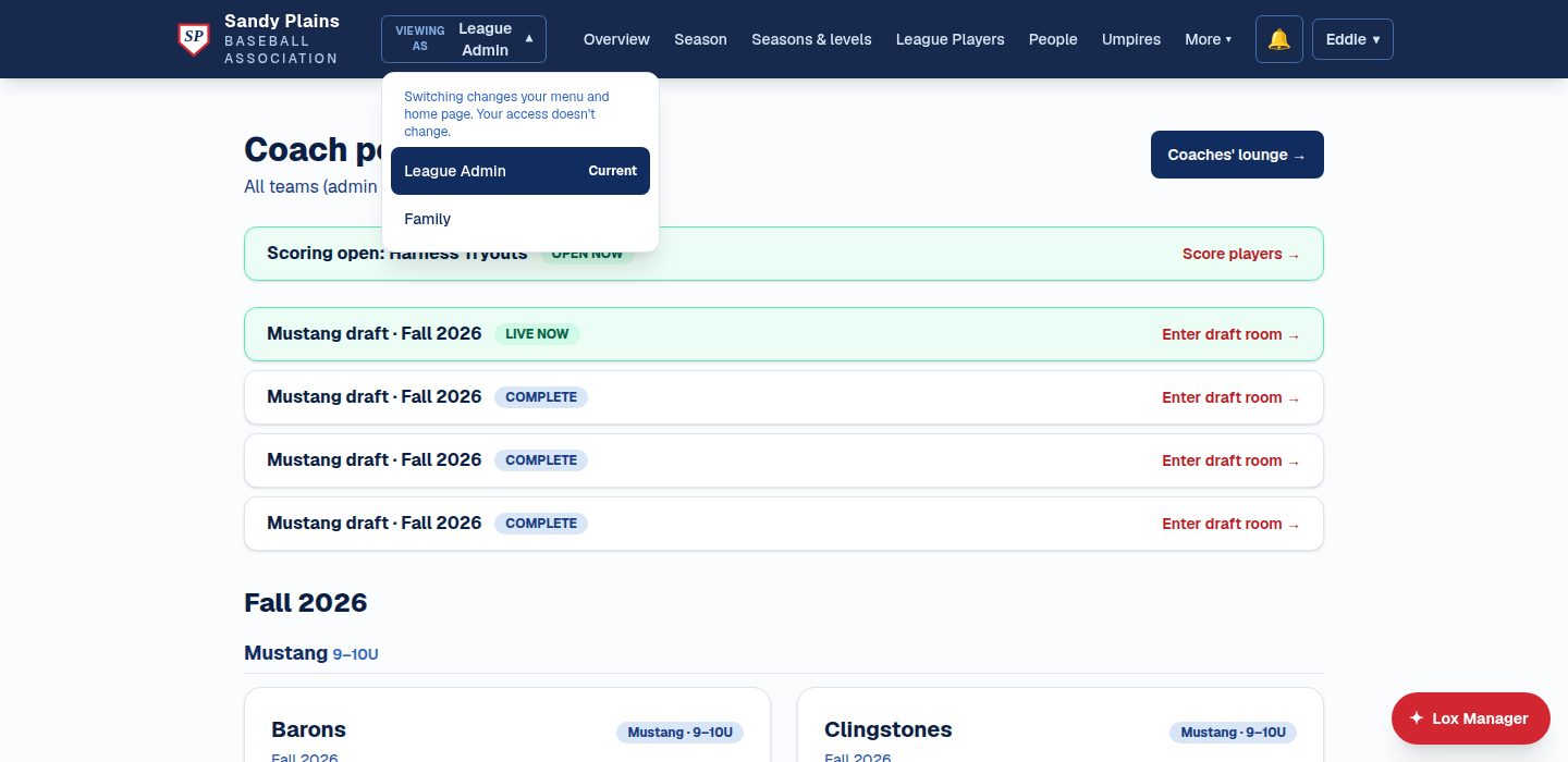 The workspace switcher: viewing as League Admin with Family as the other choice, over the coach portal