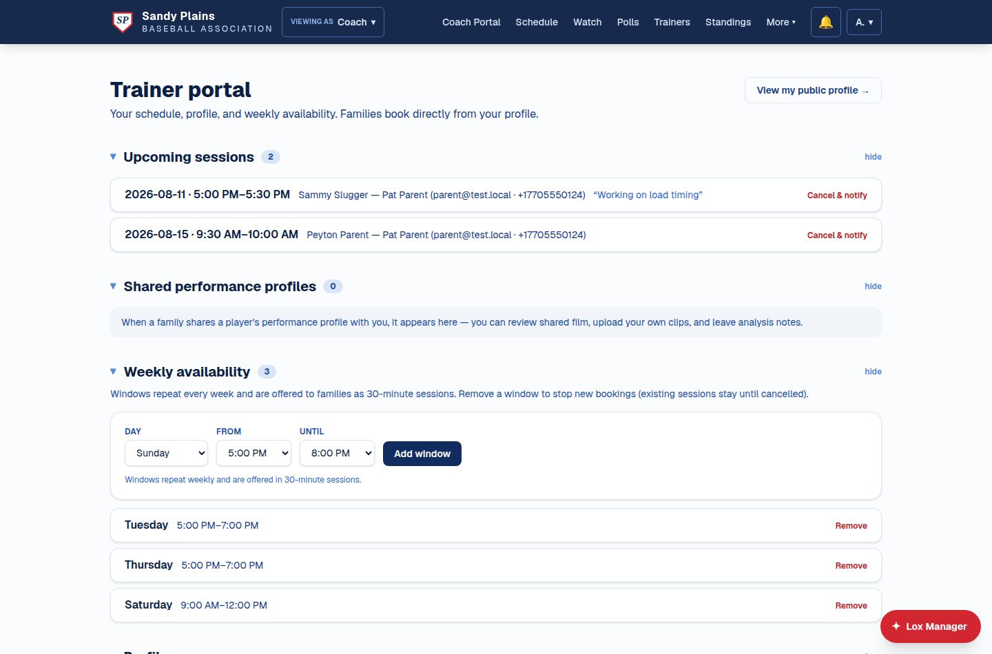 The trainer portal: upcoming sessions with parent contact info, the shared performance profiles section, and weekly availability windows