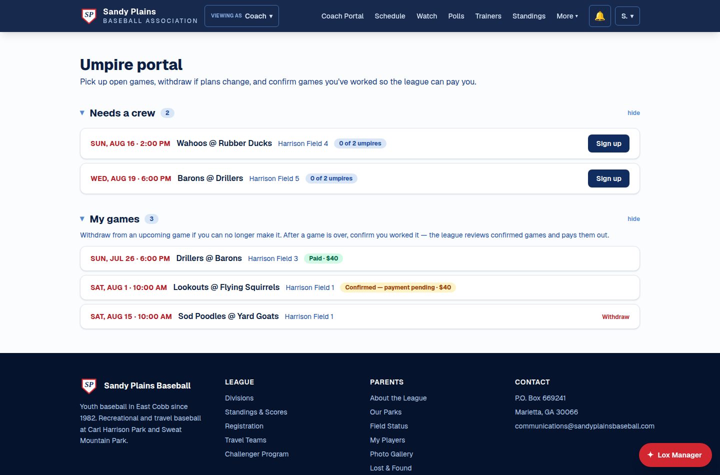 The umpire portal: open games needing a crew with sign-up buttons, and the umpire's own games showing paid, confirmed, and upcoming statuses